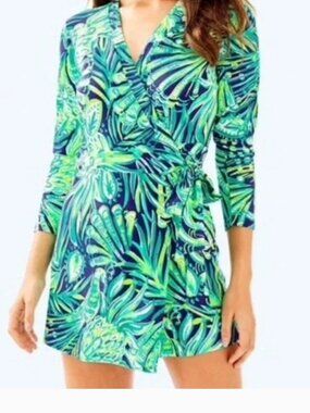Lilly Pulitzer Green Navy Karlie Wrap Romper-Size Small Like New